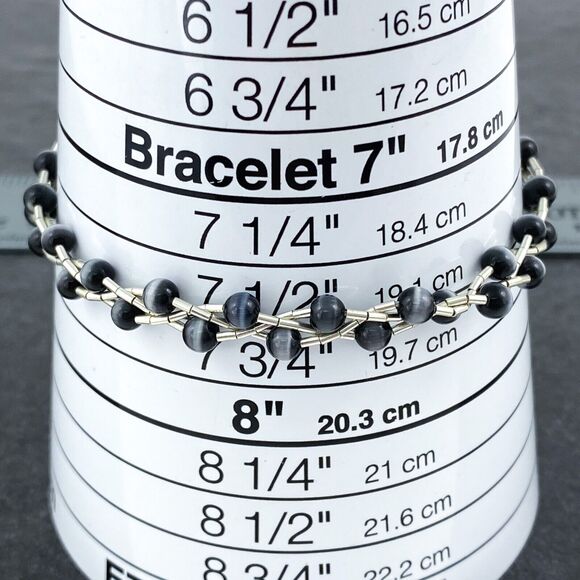 Cone Tip Braided Black Cat's Eye Bracelet | Sterling Liquid Silver 925 | 7.75" - Picture 3 of 5